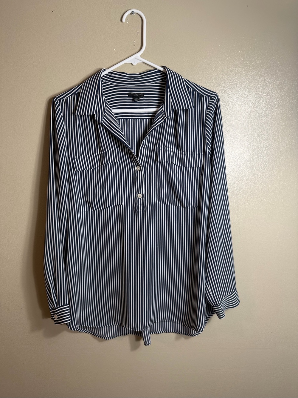 Ann Taylor Petite Striped Blouse Navy White Button Front Top LP